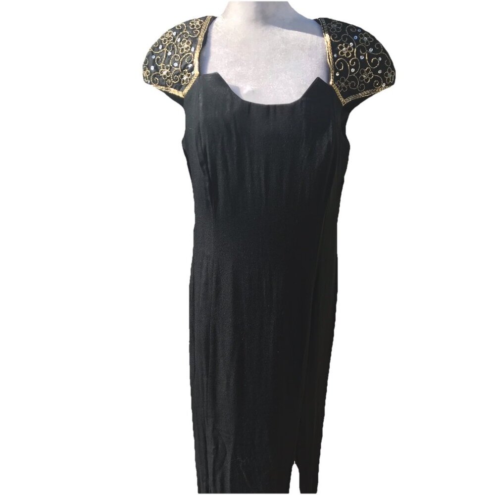 New Night Way Lace Evening Beaded Gold Gown BlackFloor Length Elegant Formal 10